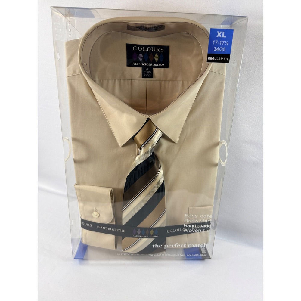Alexander Julian Colours Mens XL 17-17.5 34/35 Dress Shirt‎ and Tie Set Taupe